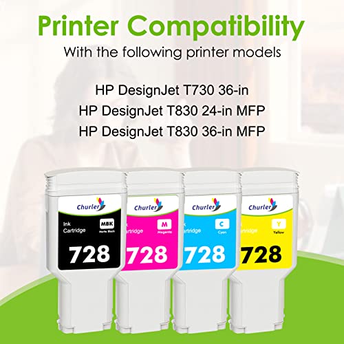 728 Ink Cartridge Replacements for HP 728 728XL F9J68A F9J67A F9J66A F9J65A Ink Cartridges 300ml Matte Black, Cyan Magenta Yellow 4PK for Printers DesignJet T730 36-in T830 24-in T830 36-in by Churler - Image 2