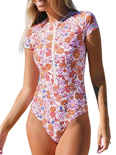 Image of CUPSHE Women's Rash Guard One Piece Swimsuit Short Sleeve Zip Up | Non-Removable Cups, Medium Support, Front Zip, Mock Neck, Fully Lined, UV Swim Shirt, Sporty Bathing Suit