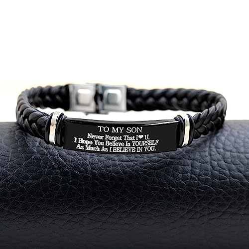 Image of Uloveido PU Leather Stainless Steel ID Bracelet for Son from Mom Dad, Encouragement Inspirational Gift to Men
