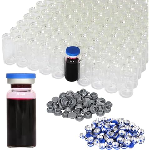 10ml Clear Glass Vials-2-1/2 Dram Clear Glass Headspace Vials with Plastic-Aluminum Flip Caps and Rubber Injection Stoppers, 100 Pack, 20mm Flat Bottom Lab Vial Cover
