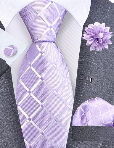 Image of GUSLESON 3.15 inch（8cm） Mens Tie and Lapel Pin Plaid Checkered Necktie Hankerchief Cufflinks Set for Men