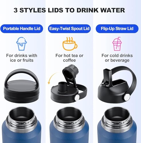 Image of SENDESTAR 32oz Stainless Steel Water Bottle (Cold for 48 Hrs, Hot for 24 Hrs),Double Wall Vacuum Insulated Bottle with Straw Lid, Spout Lid and Flex Cap, Fit in Any Car Cup Holder