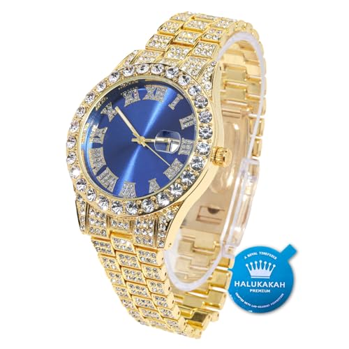 HALUKAKAH Diamante Reloj Oro, Hombres Chapado Oro Real 18K 42MM Ancho Esfera Azul Cuarzo Pulsera 24cm, con Caja de Reg