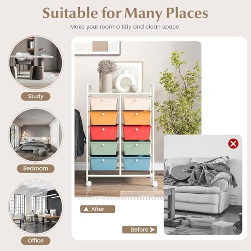 Image of LDAILY 10 Drawer Rolling Cart, Storage Cart Organizer on Wheels, Drawer Cart with Metal Frame & Large Storage Capacity, Rolling Cart with Drawers for Living Room Classroom, Office