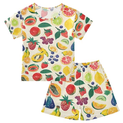 ALAZA Fruit Strawberry Lemon Pajamas Set Short Sleeve Cotton Sleepwear Summer Pjs 2 Piece 5-14Y