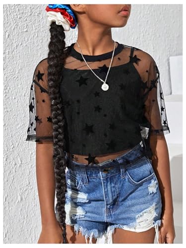 Girl's 2 Piece Set Star Graphic Sheer Mesh Shirt Crew Neck Short Sleeve Crop Top with Camisole4