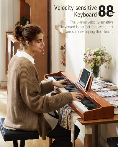 Image of Donner DEP-1S Piano Keyboard 88 Keys, Beginner Digital Piano with 88 Key Velocity-Sensitive Keyboard, Record, Bluetooth, Chord, Bundle With Piano Stand, Piano Stickers, Sustain Pedal, Retro Wood Color