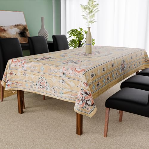 Image of Kuber Industries 60x90 Inch PVC Dining Table Cover 6 Seater Waterproof | Dining Table Cover /Sheet for Party and Events | Passion Flower Print - Light Brown