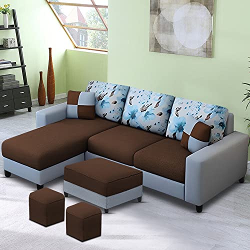 Image of Orland 4 Seater LHS L Shape Sofa with Center Table & 2 Puffy | Color - Brown Grey