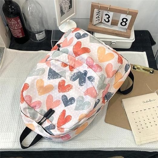 Image of Girls Backpack with Colourful Heart Print for School, College & Travel, Lightweight Casual Daypack for Teens, Stylish & Spacious Daily Use Bag