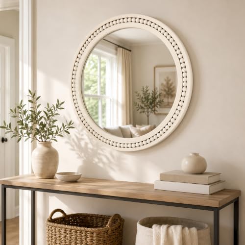 Image of Saliwa 24 Inch Round Bathroom Mirror, White Wood Framed Wall Mirror, Rustic Farmhouse Round Mirror for Vanity, Entryway, Living Room, Bedroom and Hallway