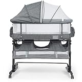 3 in 1 Baby Bassinet, Upgraded Beside Crib with 360° Highly Visible Mesh wall, Comfy Co-sleeper Bass