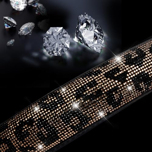Image of CAR PASS Bling Diamond Steering Wheel Cover Leopard Pattern, Sparkly Crystal Glitter Rhinestones Black Leather Wheel Protect for Women Girl Fit Suvs,Vans,Sedans,Cars,Trucks, 14 inch 1 /2-15 inch Gold Leopard