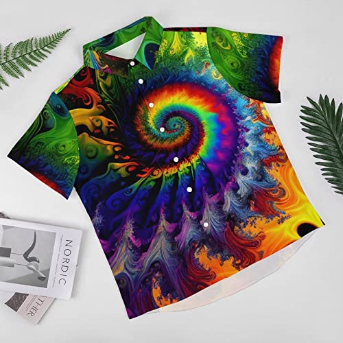 Hawaiian Mysterious Psychedelic Rainbow Totem Tie-Dye Lapel Pocket Short Sleeved Shirt Button Shirt3
