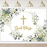 Mocsicka Greenery Baptism Backdrop Green and Gold God Bless Background First Holy Communion Christening Party Cake Table Decoration Banner Photo Booth Props (7x5ft)