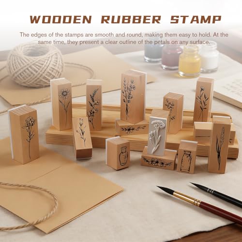 16 Pcs Stamps for Crafting,2 Styles Plant and Flower Retro Decorative Mounted Wooden Rubber Stamp Set for DIY Art and Craft Journals Scrapbooking - Thumbnail 5