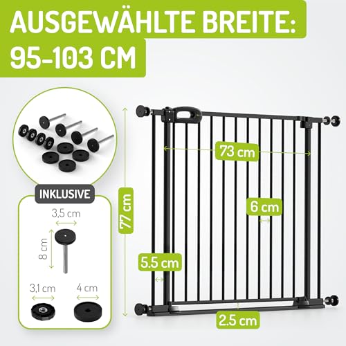 Bomi Treppenschutzgitter Merle Flatstep, Breite 95-103 cm | Türschutzgitter ohne Bohren, stabile Kindersicherung für Kind & Hund, TÜV geprüftes Hundegitter, Türgitter, Treppengitter, Metall Schwarz