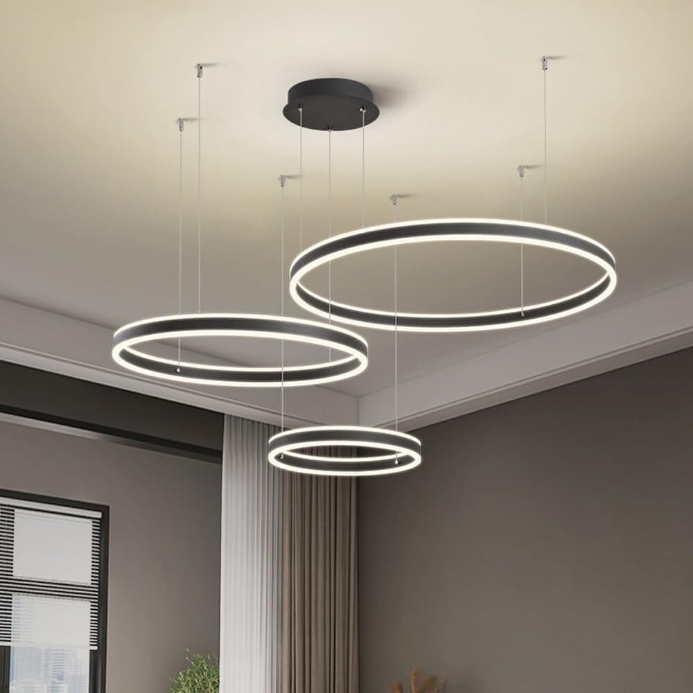 żyrandol, Duży żyrandol 3-pierścieniowy z pilotem ściemnialnym do salonu i(3 rings 40+60+80cm)