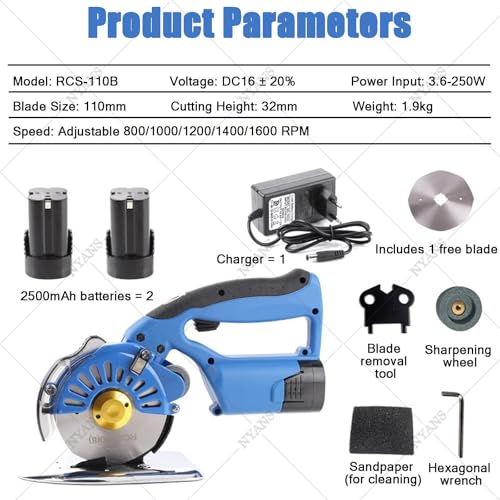 Cordless Electric Rotary Fabric Cutter 100/110/125mm - 2 Blades, 2x2500mAh Battery, 5 Speed Settings for Effortless Cutting of Cotton, RCS-125B