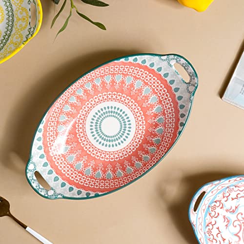 Image of Nestasia Mandala Ceramic Long Dish with Handles (10.8 Inch) - Elegant Oval Serving Platter for Snacks, Appetizers, Salads, and Noodles | Microwave & Dishwasher Safe (Red & Green)