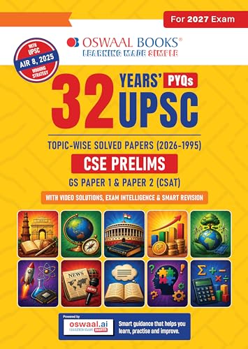 Image of Oswaal 32 Years UPSC CSE Prelims Topic-wise Solved Papers 2026-1995 | Paper 1 & 2 | Exam Intelligence | Smart Revision | Video-Linked Solutions | 2027 Exam