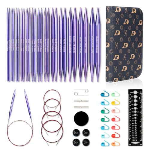RUIDI Circular Knitting Needles Set, 13 Sizes Long Aluminium Interchangeable Circular Knitting Needles Set with Case & Accessories, 5" (13cm) | (2.75mm to 10mm) (Purple)