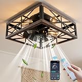 Homzuri 16' Caged Ceiling Fan with Light and Remote App Control, Rustic Square Flush Mount Low Profile Ceiling Fandelier Lights, 6 Speed and Reversible, Farmhouse Industrial Style for Bedroom, Kitchen