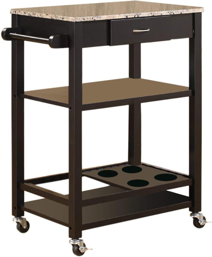 King's Brand Faux Marble with Wood Kitchen Buffet Serving Cart, Black Finish