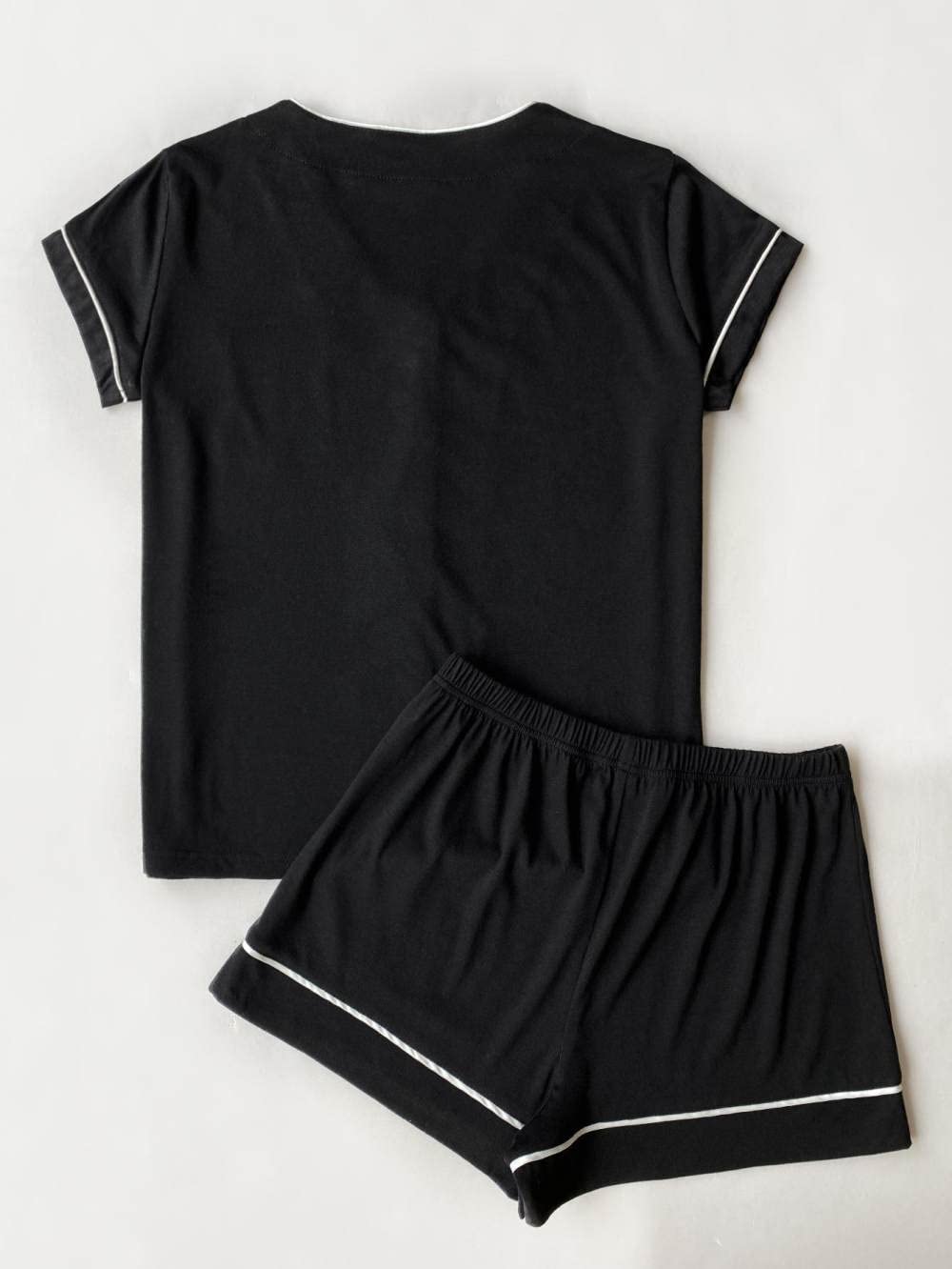 Pijama De Mujer Manga Corta,Cuello En V Negro Con Borde Blanco Pijama De Manga Corta Para Mujer Conjunto De 2 Piezas Pijama Suave Y Cómodo Para Mujer Ropa De Descanso Regalo Del Día De La Madre Pa