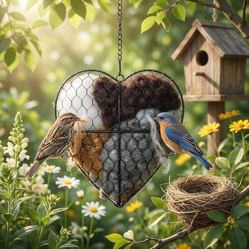 Handmade Fiber Bird Nesting Heart Nesting Material for Wild Bird Refillable Nesting Accessories Hummingbird Nest/House Outdoor Garden Decortion Gifts for Bird/Nature Lovers (1pc)