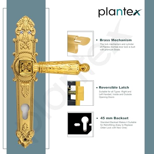 Image of Plantex Main Door Lock Handle Set /6-Lever Lock Mechanism with 3 Years of Warranty /Mortise Door Lock with 3 Keys, Brass Lockbody & Cylinder(657- Gold)