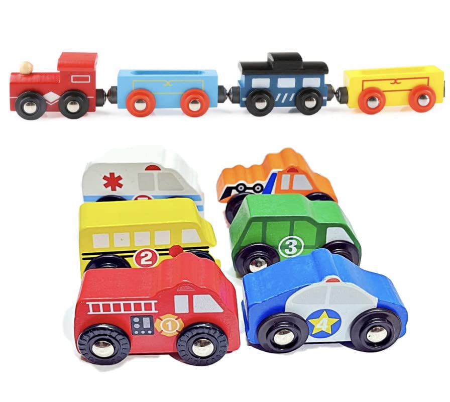 Image of Wooden Magnetic Train and Cars Combo Toy Vehicle Set for Kids - Fun, Educational, and Durable Magnetic Toy Vehicles for Toddlers & Preschoolers, Enhances Creativity & Motor Skills