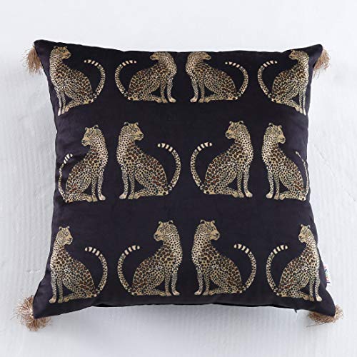 vctops Leopard Printed Throw Pillow Cover with Tassels Super Soft Velvet Animal Pattern Decorative Square Cushion Case Pillowcase (Black, 18"x18")