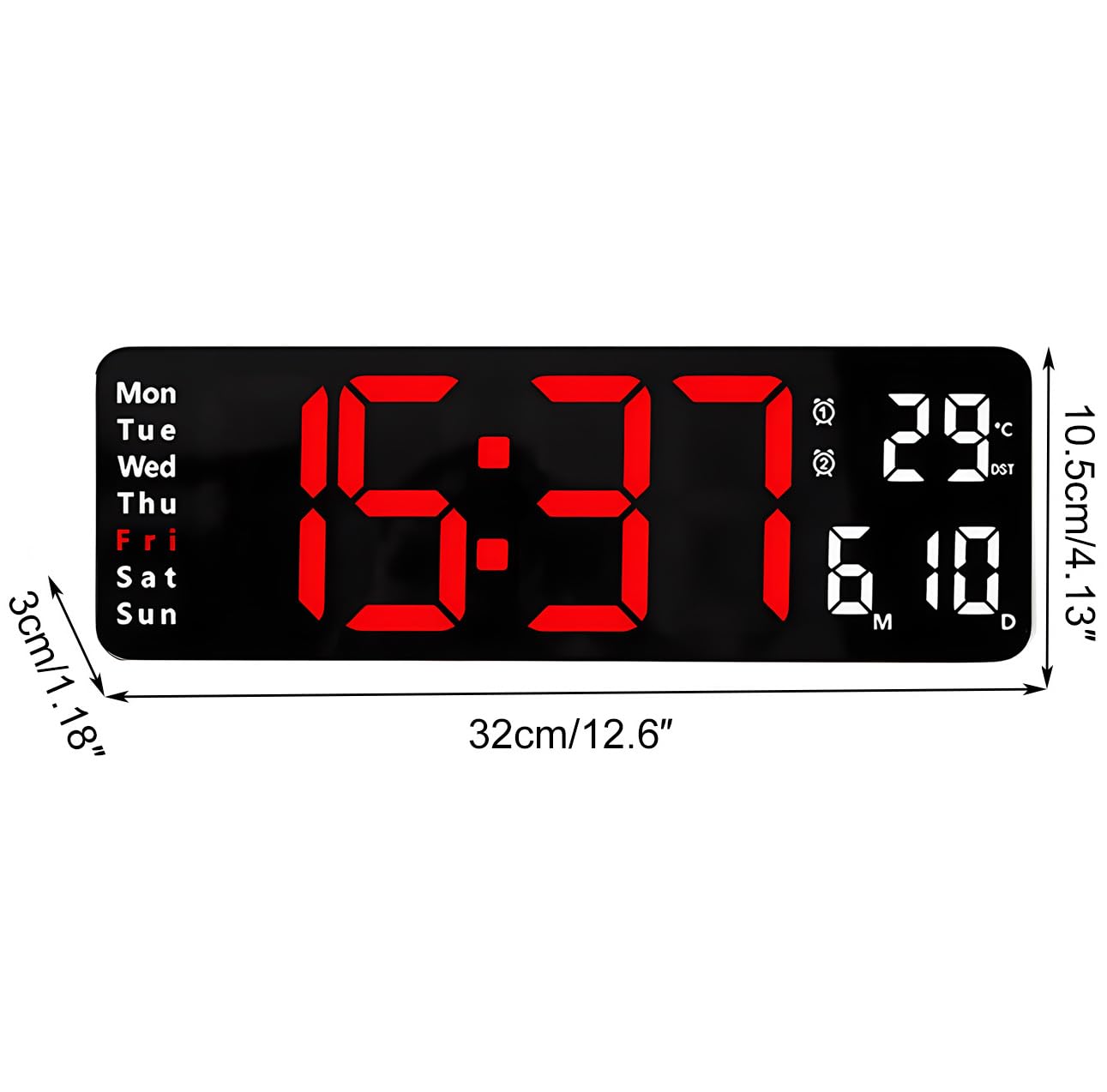 Reloj de Pared Digital, 13 Pulgadas Pantalla LED con Sentado y Colgado Control Remoto Batería Enchufe Temperatura Fecha Semana para Salón Casa