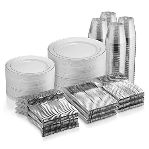 600 Piece Silver Dinnerware Set -100 Silver Rim 10 inch Plastic Plates 100 Silver Rim 7 Inch Plates -300 Silver Plastic Silverware -100 Silver Plastic Cups -100 Guest Disposable Silver Dinnerware Set
