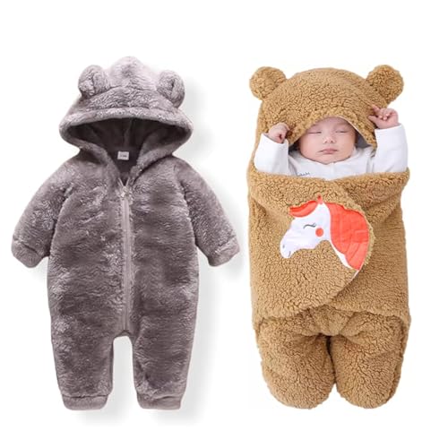 Image of Baby Bear Hooded Fleece Romper and Swaddle Wrap Set, Plush Teddy Design, Brown (2, Grey&Brown, Baby)