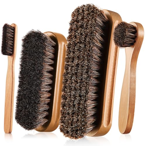 Image of 4 Pcs Horsehair Shine Shoes Brush Kit Polish Dauber Applicators Cleaning Leather Shoes Boots Care Brushes Suede Cleaner Brush with Microfiber Shoe Cloth(Wooden Style A)