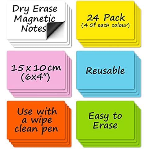 24 Pack - 15x10cm (6x4") Magnetic Planning Labels in 6 colours for use on Wipe Clean Boards, Fridges etc. Dry Erase Whiteboard Magnetic Tiles for Office, Classroom or Home - Easy to Clean & Reuse Cover
