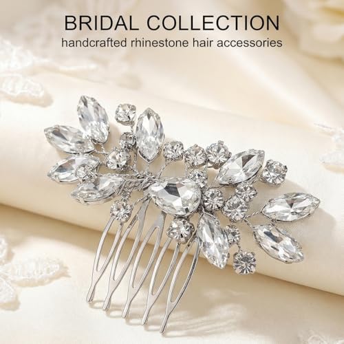 CATZUM 2 Stück Braut Haarschmuck Für Damen, Hochzeit Konfirmation Mädchen, Kommunion Brautschmuck Silberkristall, Glitzer Haarkämme Reben Blume Blatt Perlen (Silber)