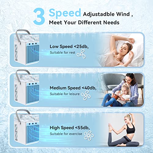 climatiseur mobile portable, 4 en 1 usb mini climatiseur portable refroidisseur d'air avec 6 bacs à glace, 3 vitesses mini air climatiseur ventilateur pour maison, bureau, voyages