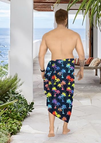 LA LEELA Men's Bath Trunk Swimsuits Summer Sarong Pareo Wrap One Size Palm Tree, Blue2