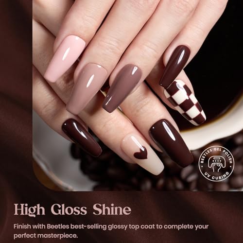 Image of Beetles Brown Gel Polish Set - 6 Colors Coffee Brown White Neutral Pink Nude Gel Nail Polish Caramel Cappuccino Soak off Uv Led Lamp Needed Nail Art DIY Fall Manicure Fall Nails