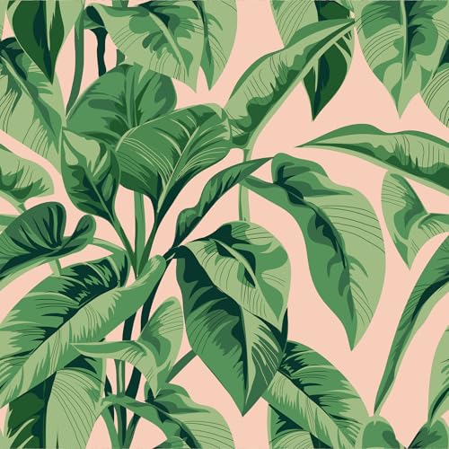 VEELIKE Pink Tropical Wallpaper Peel and Stick Vintage Palm Tree Wallpaper for Bathroom Accent Walls 17.7x118 Removable Pink Botanical Wallpaper Prepasted Pink Contact Paper for Cabinets Shelves