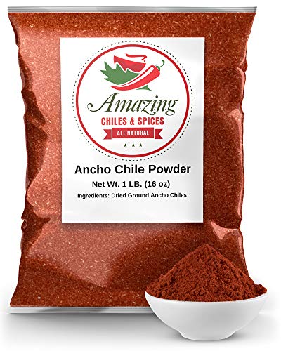 Ancho Chile Pepper Powder Ground 1 Lb (16Oz) – All Natural - Use In Recipes Like Mexican Mole, Sauces, Stews, Salsa, Meats, Enchiladas. Medium Heat -Sweet & Smoky Flavor. By Amazing Chiles & Spices