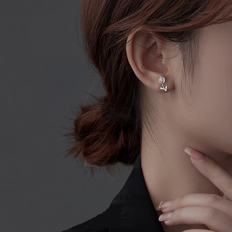 Sterling Silver White Chalcedony Tulip Flower Stud Earrings