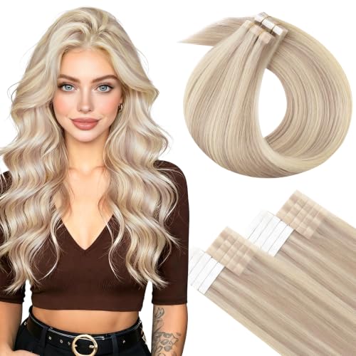 Image of LaaVoo Injected Invisible Tape in Hair Extensions Human Hair Ash Blonde Mix with Bleach Blonde Tape in Human Hair Extensions Seamless Ash Blonde Tape on Natural Hair Extensions 20 Inch 40g 20Pcs