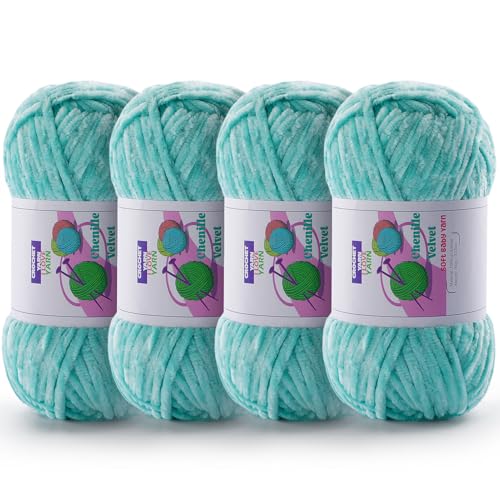 Image of Chenille Velvet Yarn for Crocheting, Green Fuzzy Fluffy Yarn for Crochet | 4 Pack 14 Oz, 524.8 Yds Bulky Thick Chunky Yarn for Crocheting, Soft Amigurumi Yarn for knitting Baby Blankets, Scarves, Hats