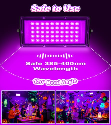 Image of TigQiang 50W 6 Pack Black Light Glow in Dark Party, Blacklight Halloween | IP66 LED Outdoor Blacklights Flood Light for Body Paint, Room, Fluorescent Poster, Neon Decor, 6Ft & Plug & Switch, 385-400nm