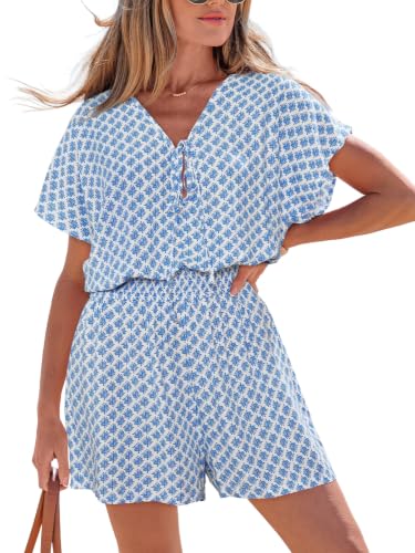 Image of CUPSHE Womens Summer Romper Front Tie Elastic Waist Beach Workout Rompers | Plunge V neck Short sleeve Wide leg, Casual Vacation Holiday Work Business Daily Outfits, Short One Piece Jumpsuit Dressy