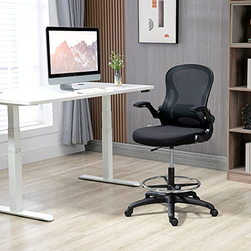 Image of Vinsetto Standing Desk Chair, Ergonomic Drafting Chair with Flip-up Armrests, Tall Mesh Office Chair with Lumbar Support, Adjustable Footrest Ring and Seat Height, Black